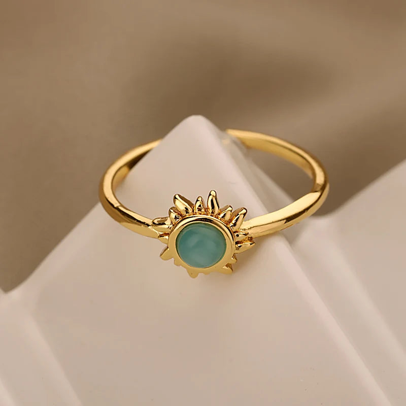 Stainless Steel Opal Stone Sun Rings For Women Men Sun Star Decor Open Rings Gold Color Aesthetic Romantic Couple Jewelry Gift
