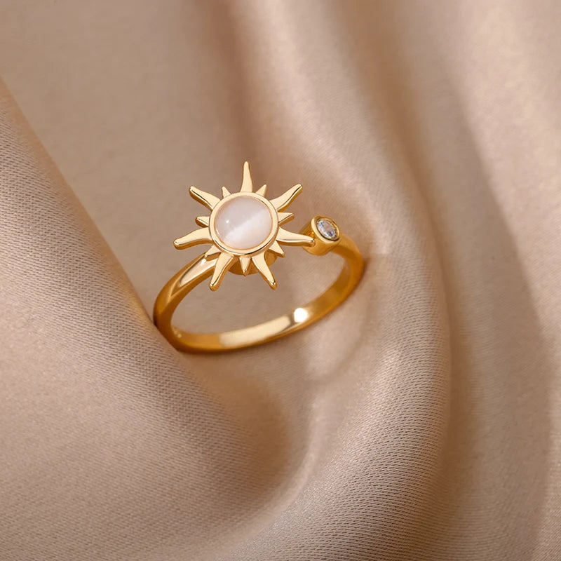 Stainless Steel Opal Stone Sun Rings For Women Men Sun Star Decor Open Rings Gold Color Aesthetic Romantic Couple Jewelry Gift